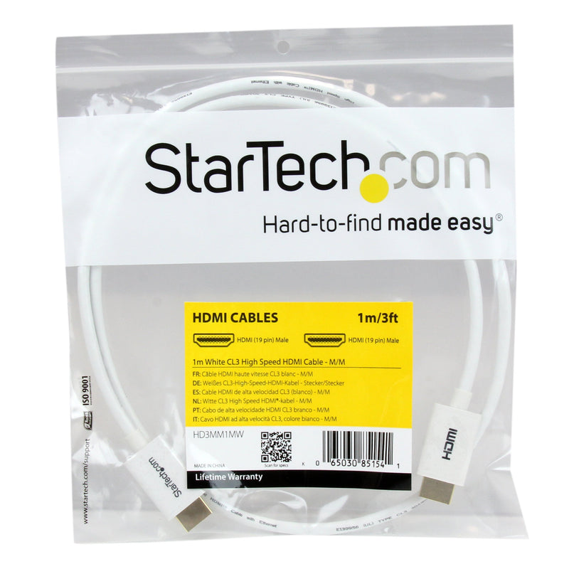 StarTech.com 1m 3 ft White CL3 in-Wall High Speed HDMI Cable - Ultra HD 4k x 2k HDMI Cable - HDMI to HDMI M/M - Audio/Video, Gold-Plated (HD3MM1MW) 1m / 3.3ft CL3 Rated