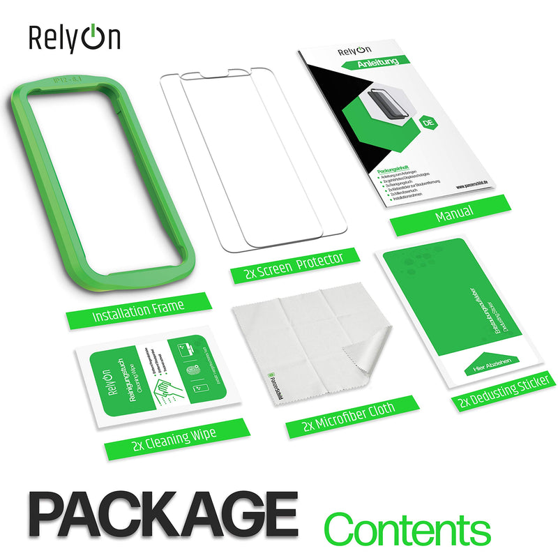 RelyOn Screen Protector for iPhone 12 Pro and iPhone 12 [2-Pack] - [6.1 inch] Tempered Glass film with installation frame, Premium ASAHI bulletproof glass