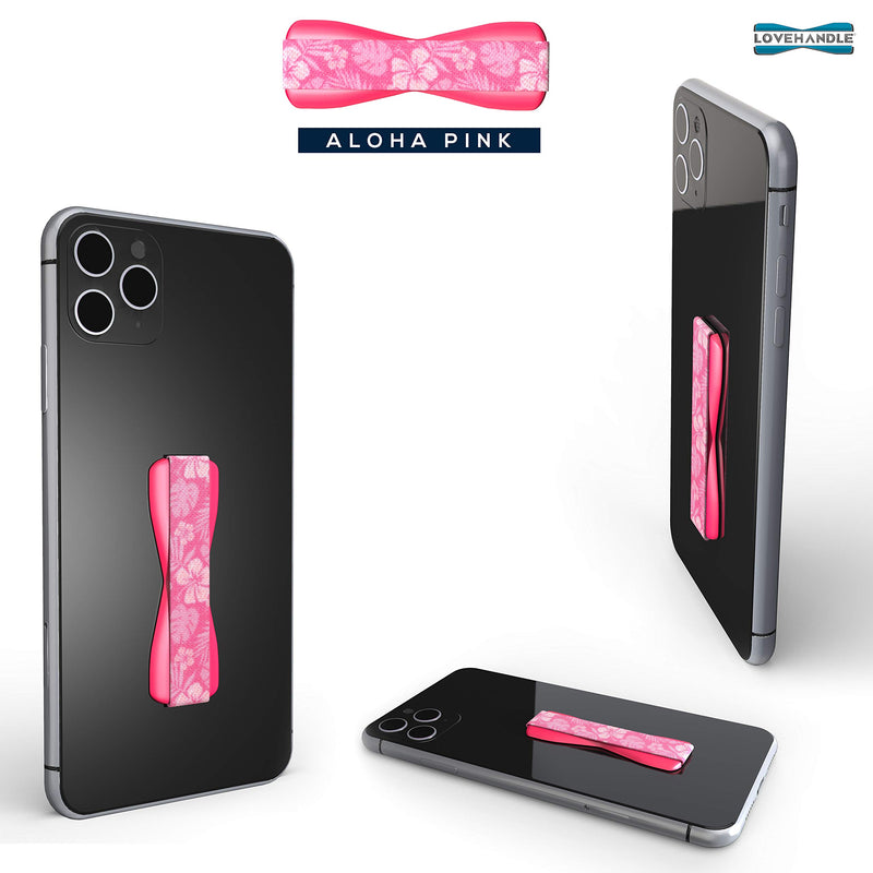 LOVEHANDLE Phone Grip for Most Smartphones and Mini Tablets, Pink Aloha Design Colored Elastic Strap with Pink Base, LH-01-Aloha