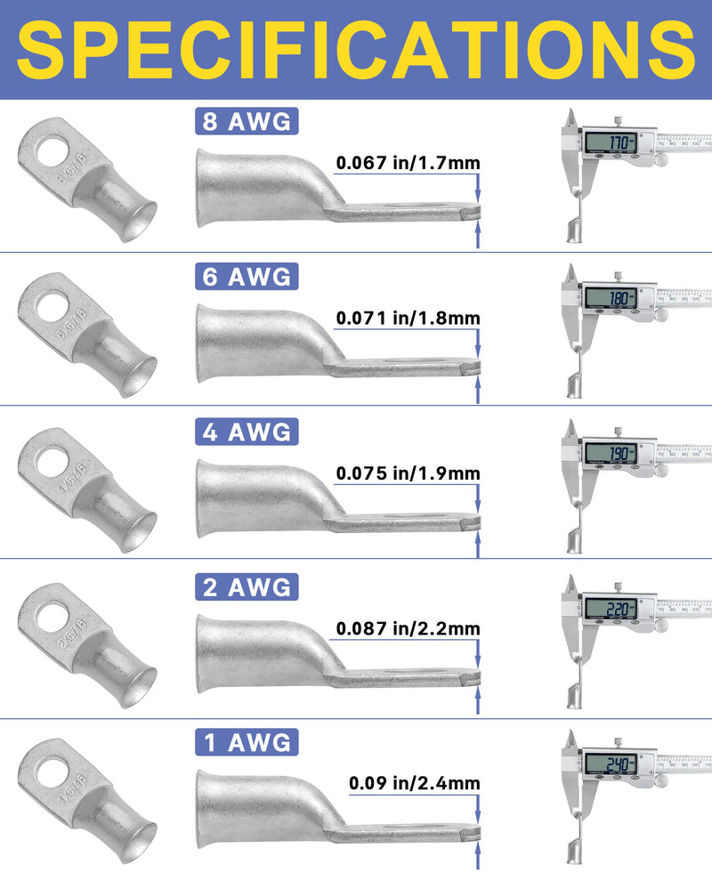 haisstronica 80PCS Tinned Copper Wire Lugs Kit,AWG 8 6 4 2 Heavy Duty Battery Cable Lugs,Eyelets Tubular Ring Terminal,Battery Terminals with 3:1 Heat Shrink Tube