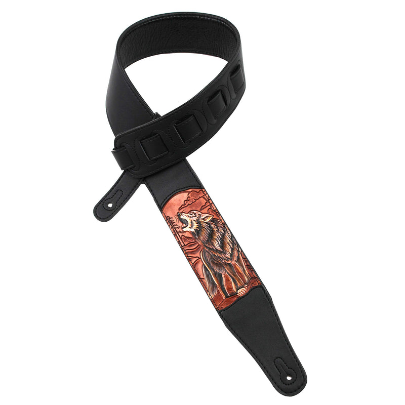 Walker & Williams CVG-WL-R Hand Carved Brick Red & Brown Howling Timber Wolf On Black Leather Strap