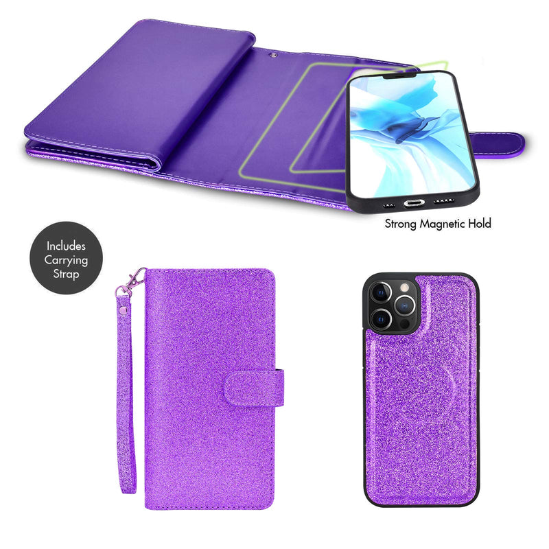 Newseego Compatible with iPhone 12 Pro Max Leather Case (6.7inch),Glitter Faux PU Leather Magnetic Closure Multi-Credit Card Slot Cash Holder Detachable 2 in 1 Wallet Cover with Wrist Strap-Purple Purple