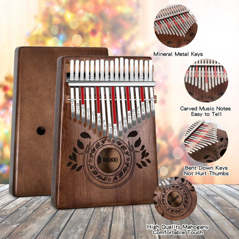 UNOKKI Kalimba 17 Keys Thumb Piano with Study Instruction and Tune Hammer, Portable Solid African Wood Finger Piano, Gift for Kids Adult Beginners (Chocolate Brown).