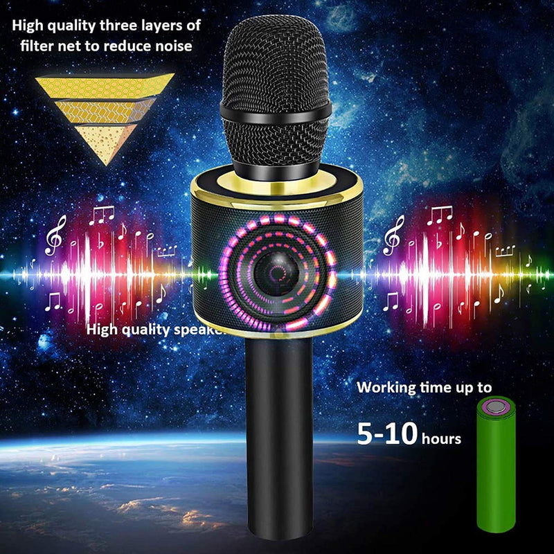 BONAOK Karaoke Wireless Microphone, Bluetooth Wireless Microphone, 3-in-1 Portable Mic karaoke Mic Birthday Gift Home Party Karaoke Machine for Android,for iPhone, PC （Q37 Black Gold）