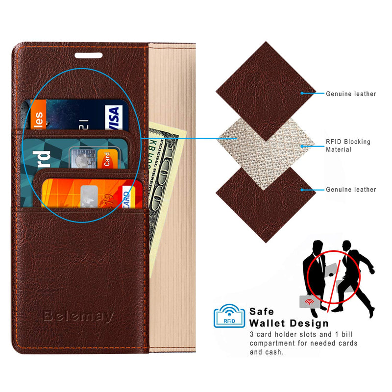 Belemay Compatible with iPhone 12/12 Pro Wallet Case 5G (6.1" 2020) Genuine Cowhide Leather Folio Flip Cover [RFID Blocking] Credit Card Holder [Soft TPU Shell] Kickstand Function Folding Case, Brown Brown (iPhone 12/12 Pro)