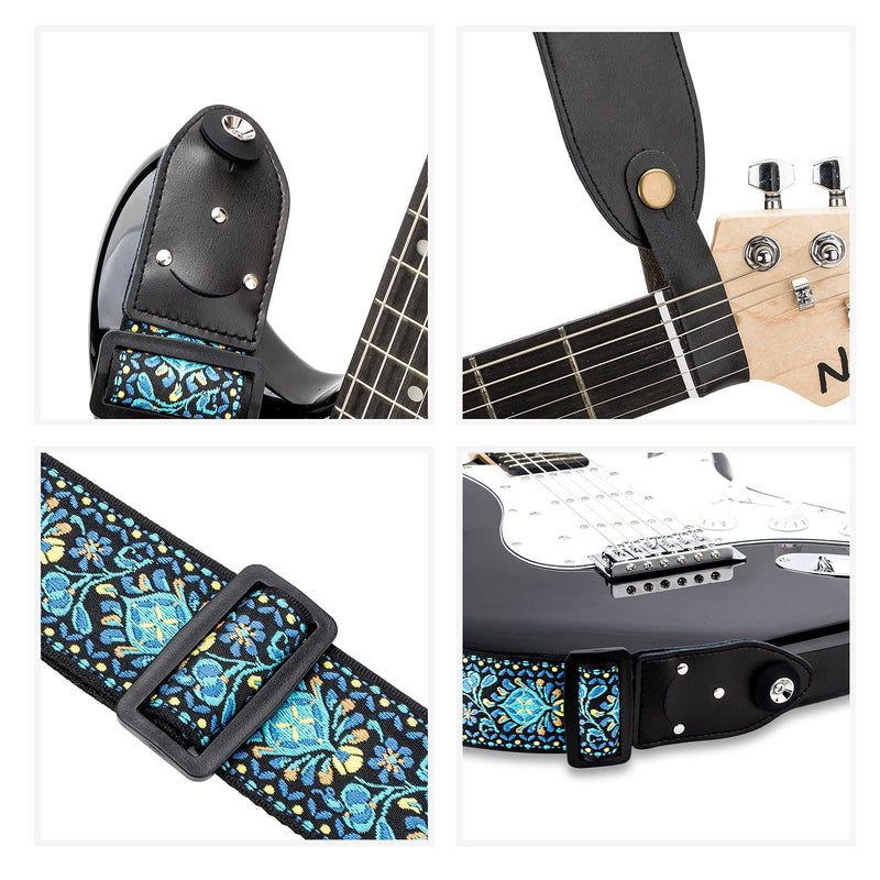Guitar Strap for Electric/Acoustic Guitar/Bass, Includes 2 Picks + Strap Locks + Strap Button, Cotton Jacquard Guitar Straps Blue Woven&strap Button