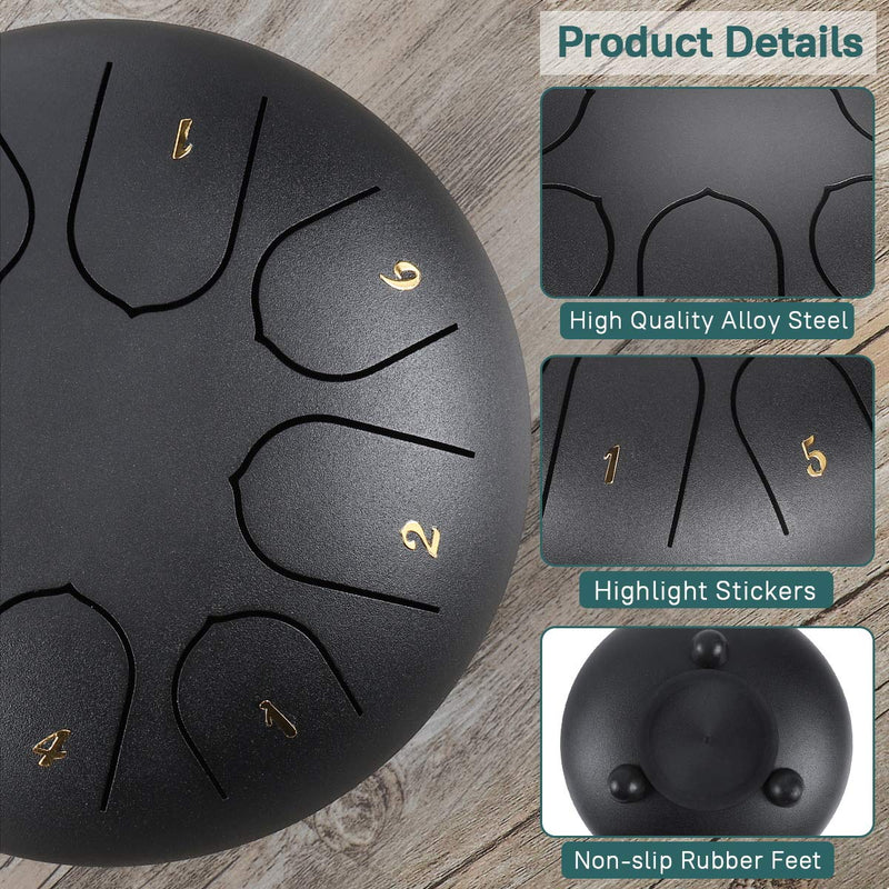 Steel Tongue Drum 8 Notes 6 Inches, C Key Handpan Drum, Tank Drum Percussion Instruments for Adults or Kids with Drum Mallets and Carry Bag (Black) Black