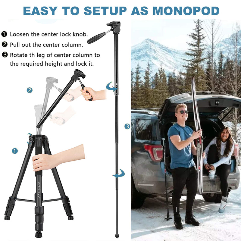 Tripod, 72 inches Aluminum Camera Tripod with Pan Head and Tablet Mount, Travel Tripod Compatible with Canon Nikon Sony Camera, Smartphone Cell Phone and Tablets black