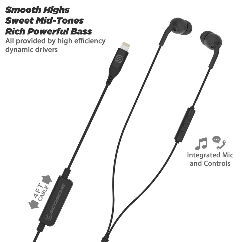 SCOSCHE IDR301L Wired Earbuds for Apple Lightning Devices with Built-in Microphone and Remote, Black