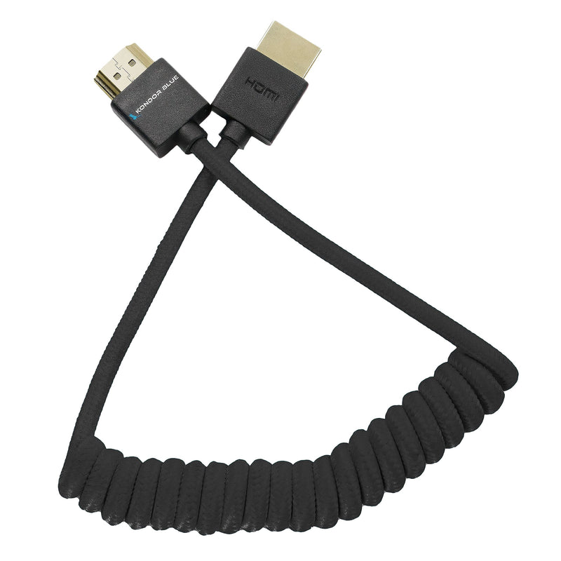 KONDOR BLUE Full HDMI Thin Short Coiled Nylon Braided Cable for On-Camera Film Cinema Monitors | 2.0 High Speed 4K 3D HDR | | 3840 x 2160-60Hz | 18Gbps MetaData | 12-24" | Black 12"-24" Coiled Braided Coiled Braided | Full HDMI