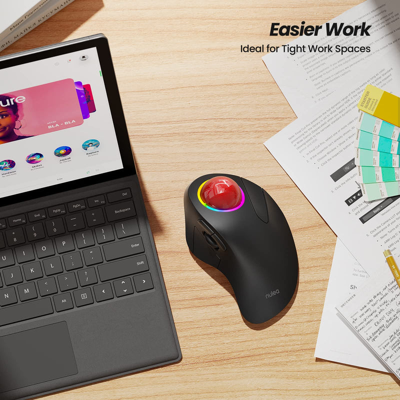Nulea Wireless Trackball Mouse, Rechargeable Ergonomic RGB Rollerball Mouse, Easy Index Finger Control with 5 Adjustable DPI, 3 Device Connection for PC, Laptop, iPad, Mac, Windows, Android