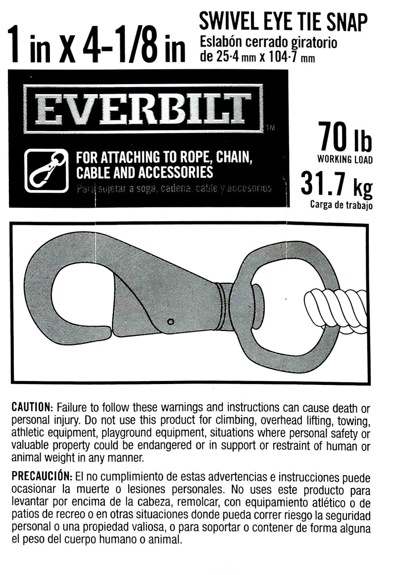 4-1/8 inch Swivel Eye Tie Snap Hook (2 Pack), 70 Lbs. (31.7 kg) Working Load Limit, 1 in. Thick Hook with Nickel Plated Exterior, Ideal to Use with Ropes, Chains, Straps, and Animal Leashes 4-1/8 in. Swivel Eye Tie Snap Hook (70 lb) Spring & Snap