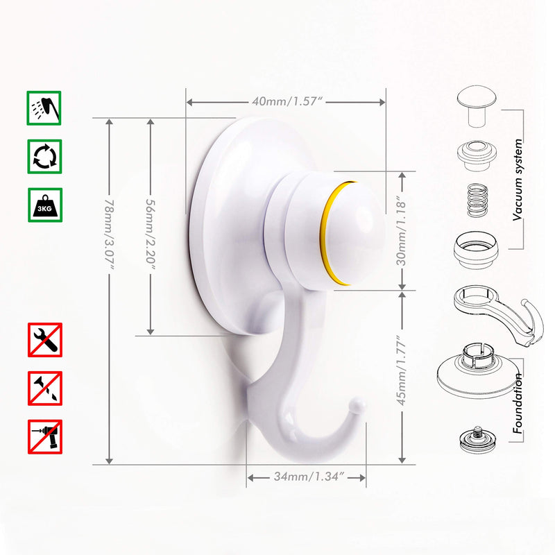 Qmagic Powerful Suction Cup Hooks - Powerful Vacuum Shower Towel Hook Holder - Suitable Frosted Glass Surfaces - Reusable - Cup Diameter 56mm (White, 2) White
