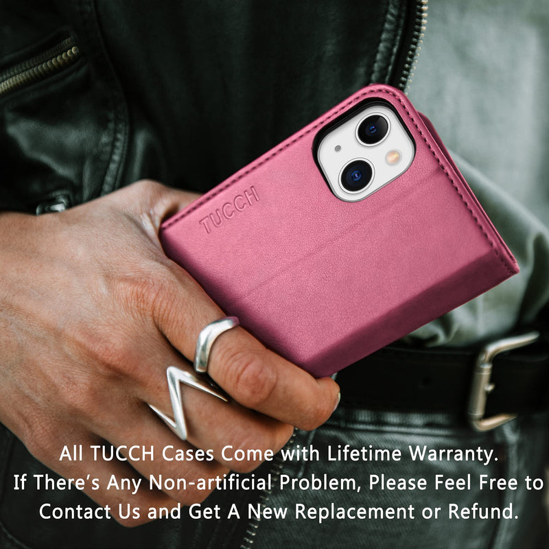 TUCCH Wallet Case for iPhone 13 5G, Credit Card Holder Money Slot Case Wallet, Kickstand PU Leather Folio Flip Cover [TPU Interior Protective Case] Compatible with iPhone 13 6.1", Hot Pink