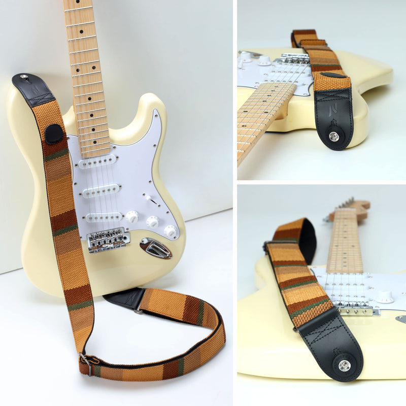 [AUSTRALIA] - Nefelibata Guitar Strap with Pick Pocket, 2 Inch Thicker Woven Guitar Straps with Double Full Grain Leather Ends for Bass, Electric and Acoustic Guitars (Free Guitar Accessory Set) Brown Stripes 