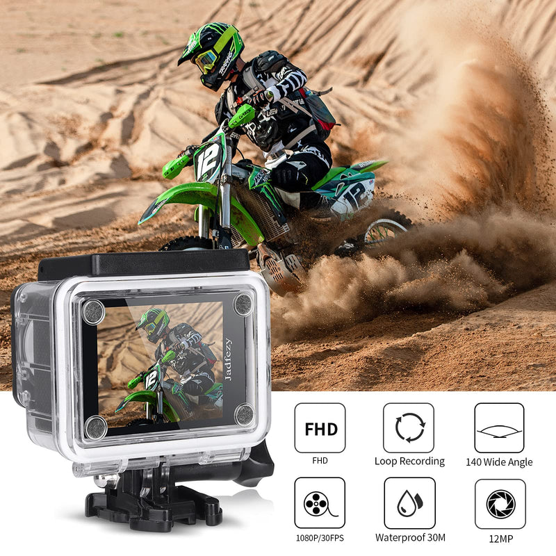 Jadfezy Action Camera FHD 1080P 12MP, 98FT/30M Underwater Waterproof Camera with 2 Batteries, Wide Angle Sports Camera with Accessories Kit Suitable for Helmet, Bicycle, etc. (FHD 1080P)