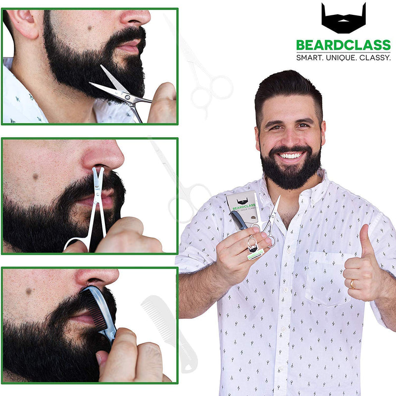BEARDCLASS Beard Mustache Scissors Kit Set for Men (3 in 1) for Beard Care with Small Comb and Leather Pouch