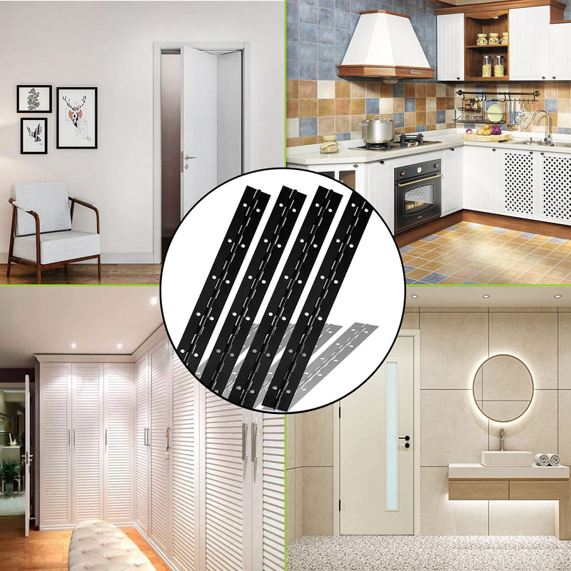 4PCS 16Inch Black Continuous & Piano Hinges, Heavy Duty Stainless Steel Piano Hinge with Hole, 0.05" Thickness/1.2" Open Width Folding Cabinet Door Butt Hinge