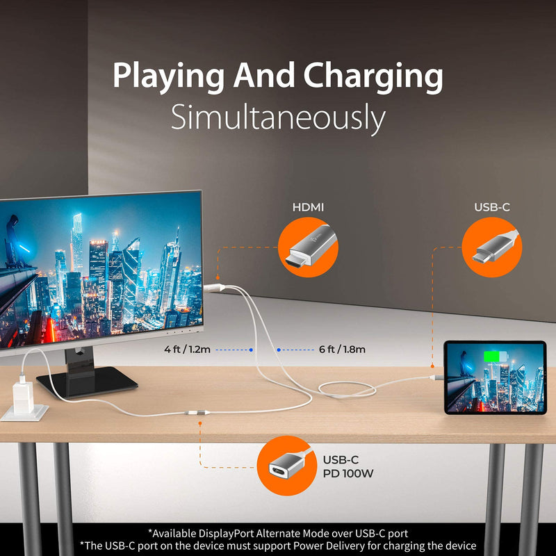 j5create USB Type C to 4K@60Hz HDMI 6ft Charging Cable with PD 100W, Compatible with Thunderbolt 3/4, MacBook Pro/Air, iPad Pro, iPad Air 4, ChromeBook and More (JCC155G)