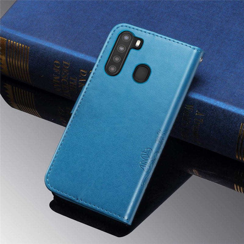 Supdigital Galaxy A21 Wallet Case, [Flower Embossed] Premium PU Leather Flip Protective Case Cover with Card Holder and Stand for Samsung Galaxy A21 2020 Release (Blue) Blue