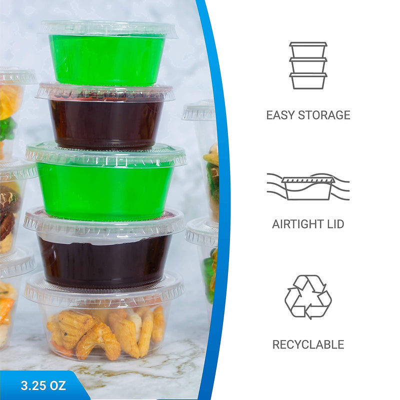 [3.25 OZ, 100 Sets] EDI Clear Disposable Plastic Portion Cups with Leakproof Lids | Jello Shot Cups | Condiment and Dipping Sauce Cups | Souffle Cups | BPA Free | Recyclable