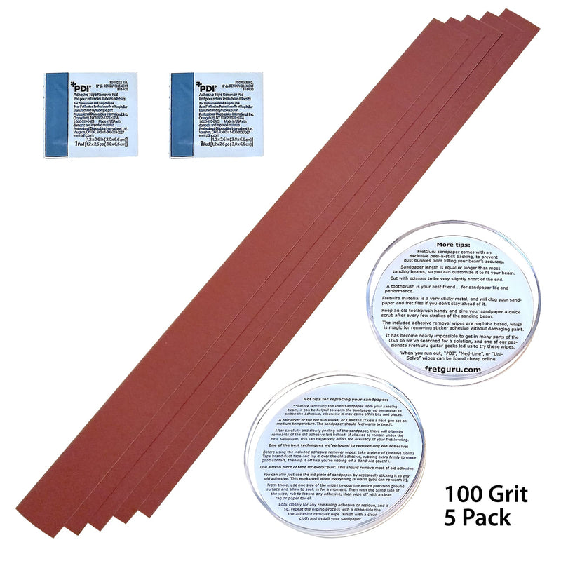 FretGuru Replacement Sandpaper 100 Grit - 5-Pack Self-adhesive Sandpaper Strips for All Sanding Beam Fret Leveler 16” 400mm P100