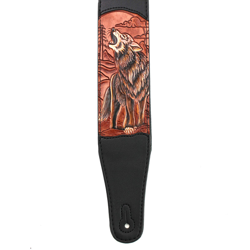 Walker & Williams CVG-WL-R Hand Carved Brick Red & Brown Howling Timber Wolf On Black Leather Strap