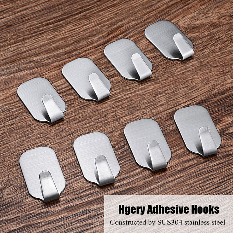 Hgery Adhesive Hooks, 3M Self Adhesive Wall Hooks for Key Robe Coat Towel, Super Strong Heavy Duty Stainless Steel Wall Mount Hooks, No Dill No Screw, Waterproof, for Kitchen Bathroom Toilet, 8 Pieces