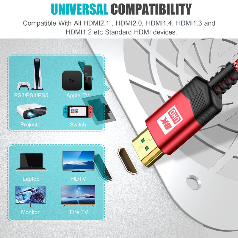 8K HDMI 2.1 Cable 10ft,Sweguard Ultra HD High Speed 48Gpbs 8K60 4K120 144Hz eARC HDR10 4:4:4 HDCP 2.2 & 2.3 Dolby Compatible with PS5/ Fire TV/Roku TV/Playstation 5/Xbox Series X/Samsung/Sony/LG Red