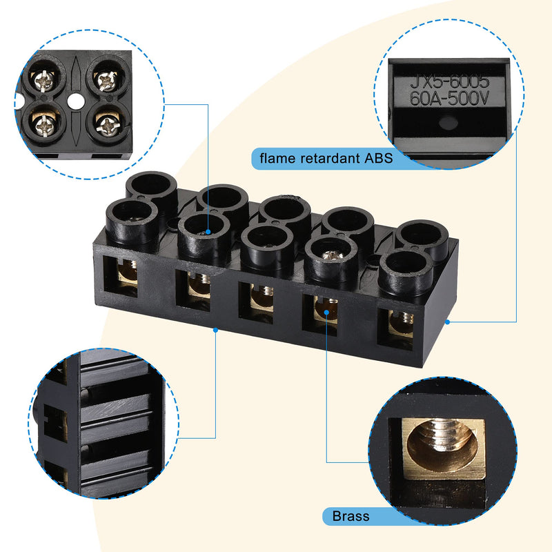 MECCANIXITY Terminal Block 500V 60A Dual Row 5 Positions Screw Electric Barrier Strip 2 Pcs