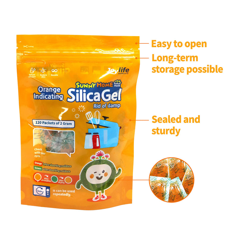 Sunny Home 2 Gram (120 Packs) Safe Orange Indicating (Orange to Dark Green) - Orange Only/No Mixed/Rechargeable Silica Gel Packets Dehumidifier/Desiccant Packets/Moisture Absorber 120 Pack
