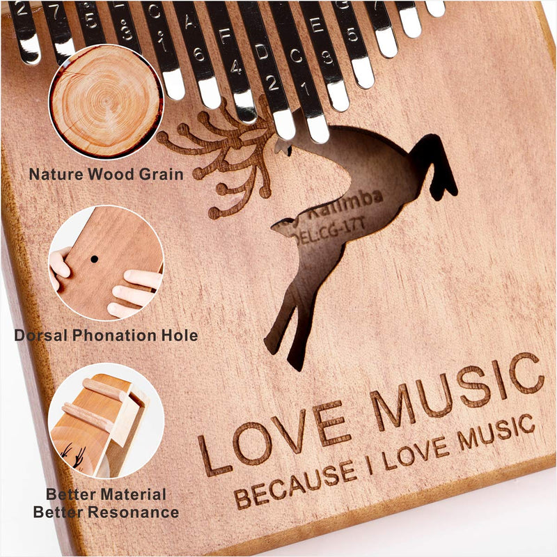 17 Key Kalimba Thumb Piano, FREE Kids Harmonica, Tuning Hammer and More. Finger Hand Piano for Kids, Adults and Professional Performance, Made from Premium Natural Mahogany Wood (Sika Deer Pattern) burlywood
