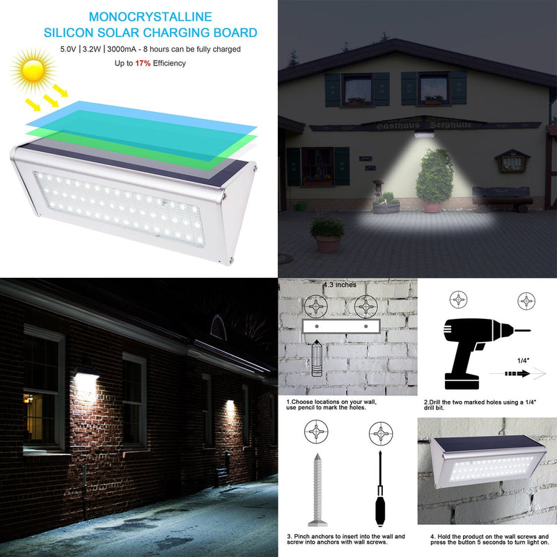 Super Bright 48 LED 1100 Lumen Wireless Water Proof Solar Lights Outdoor Radar Motion Sensor Lights Aluminum Housing for Outdoor Security Yard Patio Fence Path Driveway Garage Porch Wall Lights,1 Pack