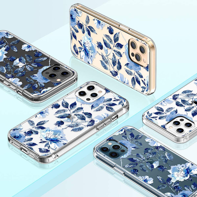 GiiKa for iPhone 12 Pro Max Case with Screen Protector, Clear Full Body Shockproof Protective Floral Girls Women Hard Case with TPU Bumper Cover Phone Case for iPhone 12 Pro Max, Blue Flowers Blue Flowers / Blue