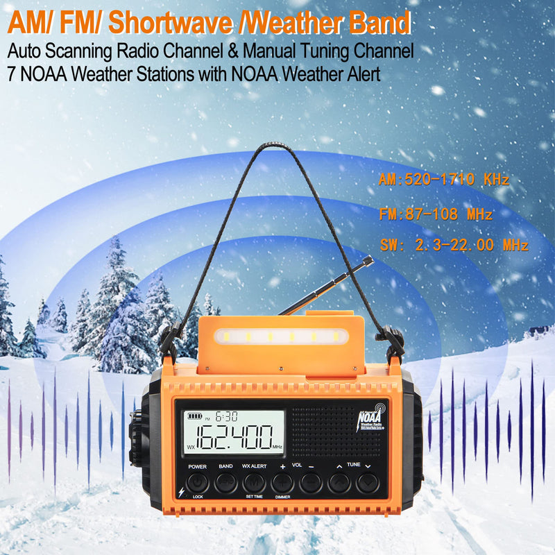 Auto NOAA Emergency Weather Radio, Solar Hand Crank Radio,Portable Battery Operated Emergency Radio with AM FM Shortwave,USB Charger,LED Flashlight,Clock, SOS Alert for Home Outdoors Camping Survival Yellow Black with LCD Display