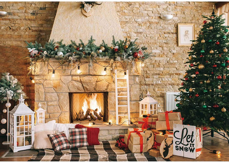 CHAIYA 8X6ft Christmas Family Party Decoration Christmas Tree Gifts Fireplace Lanterns Blankets Photography Background Photo Studio Props CY130 8′x6′