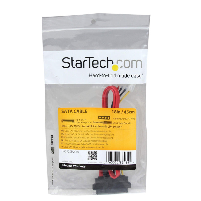 [AUSTRALIA] - StarTech.com 18in SAS 29 Pin to SATA Cable with LP4 Power - 18in SAS 29 pin to SATA Cable - 18in SFF 8482 to SATA (SAS729PW18), Red 