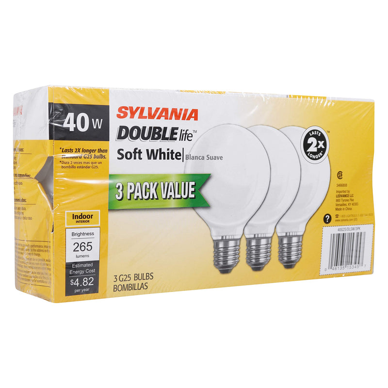 SYLVANIA Home Lighting 15345 Incandescent Bulb, G25-40W, Soft White Finish, Medium Base, Pack of 3 3 Pack