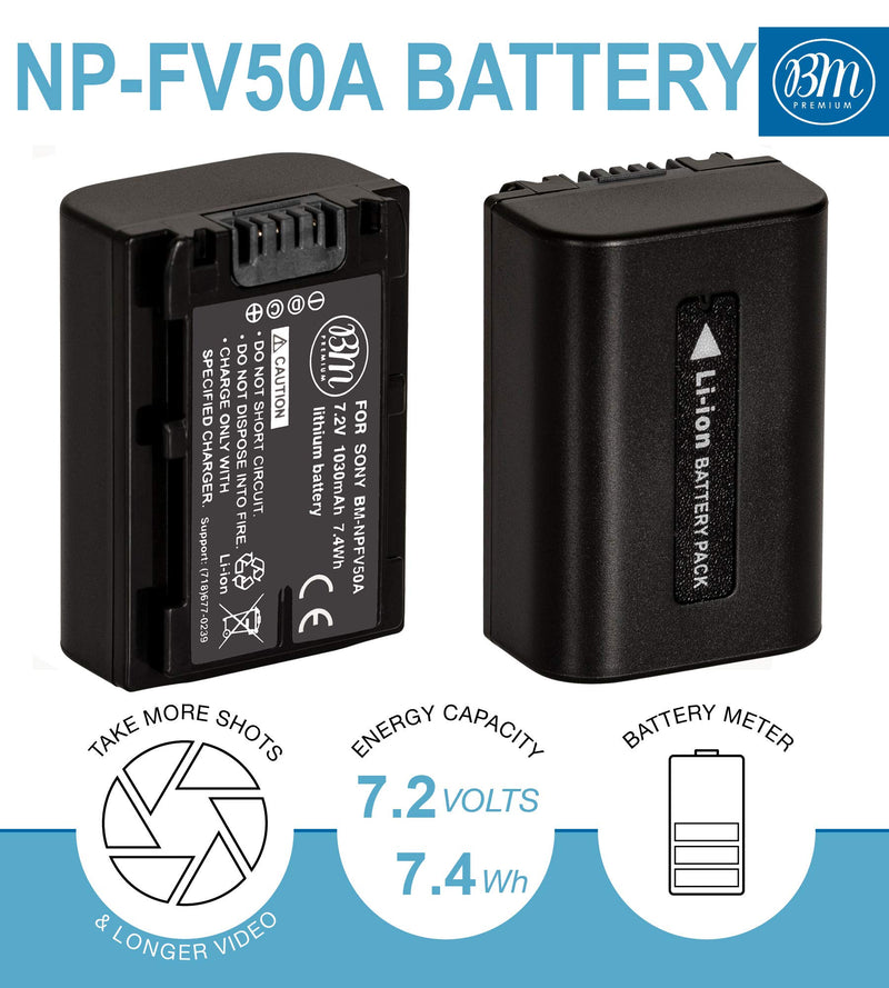 BM Premium NP-FV50A High Capacity Battery and Charger for Sony FDR-AX30 FDR-AX33 FDR-AX53 FDR-AX700 FDR-AX100 FDR-AX35 HXR-MC50 HXR-MC88 HX-RNX80 PXW-Z90V VG10 NEX-VG20 NEX-VG30 NEX-VG900 Camcorders