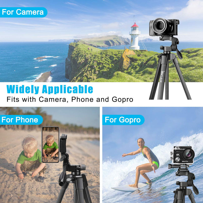 Lusweimi Tripod for iPhone/Camera, 55-Inch Selfie Phone Tripod Stand with Bluetooth Remote&2 Phone Holders, Aluminum Lightweight Tripod Bag for Video/Vlog/Photography/Nikon/Canon/Sony Mirrorless