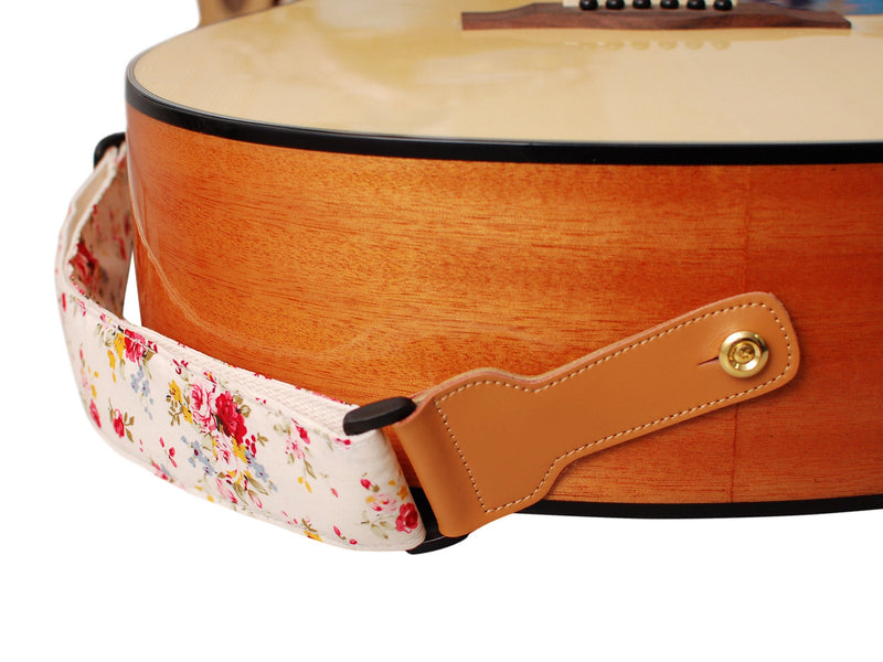 MUSIC FIRST Original Design, 2 inch width (5cm), “Rosa Multiflora in Cream” Padded Soft Cotton & Genuine Leather Guitar Strap, Ukulele Strap, Mandolin Strap