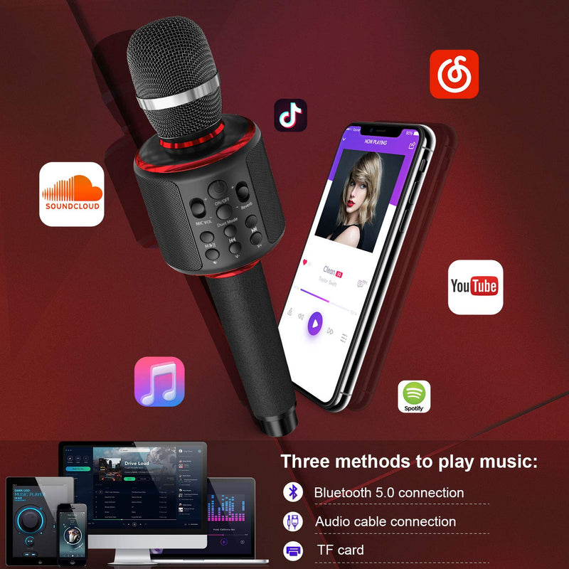 [AUSTRALIA] - Bluetooth Karaoke Microphone, Wireless Portable Handheld Karaoke Mic Speaker Machine with Duet Vocal Remover Function Home Party for All Smartphone(Black) Black 