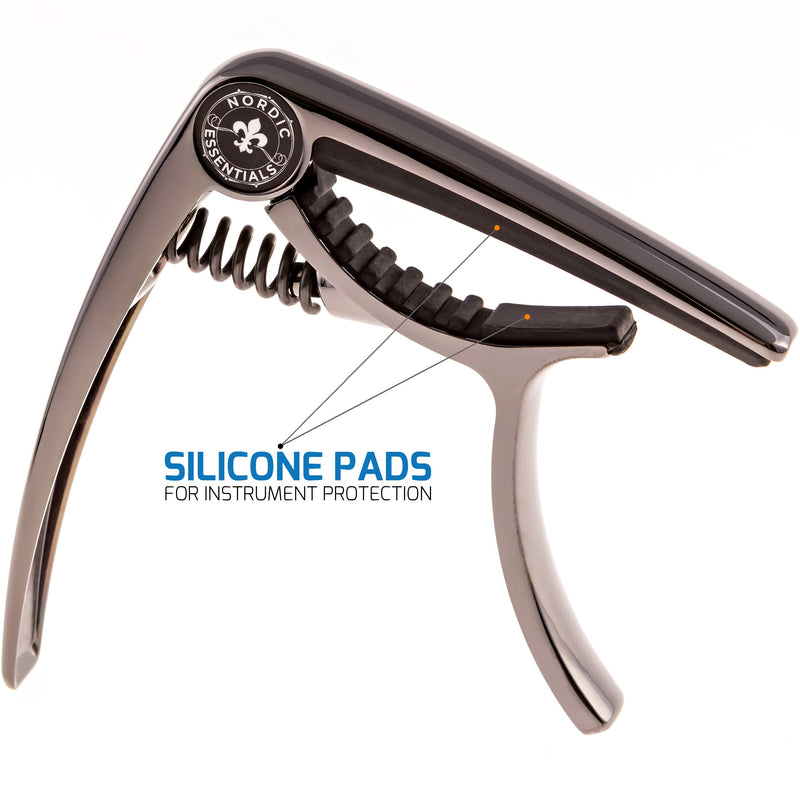 Nordic Essentials Nordic-02 -02 Guitar Capo Deluxe for Guitars, Ukulele, Banjo, Mandolin, Bass -Made of Premium Quality Zinc Alloy for 6 12 String Instruments- Luxury Accessories trade (Black) Sleek Metallic Black