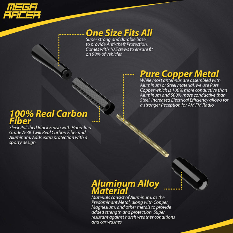 1 x Universal Black 4.9" in / 124 mm Real Carbon Fiber Screw Type Short Antenna Replace Sport Auto Car SUV AM/FM