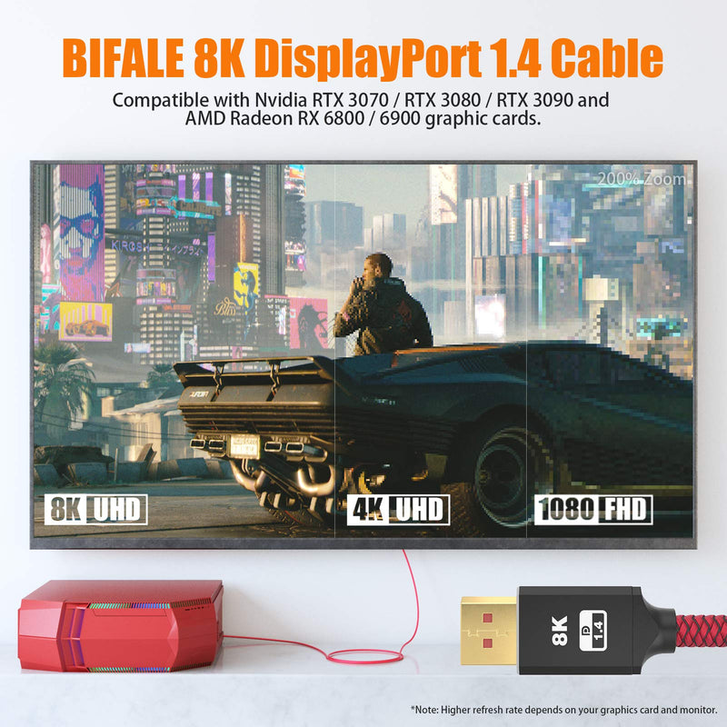 8k DisplayPort 1.4 Cable 3ft, BIFALE DP 1.4 Cable Nylon Braided Supports (8K@60Hz, 4K@144Hz and 1080P@240Hz), HBR3, 32.4Gbps, HDCP 2.2, HDR, DSC 1.2 for Laptop PC TV Gaming Monitor 3Feet