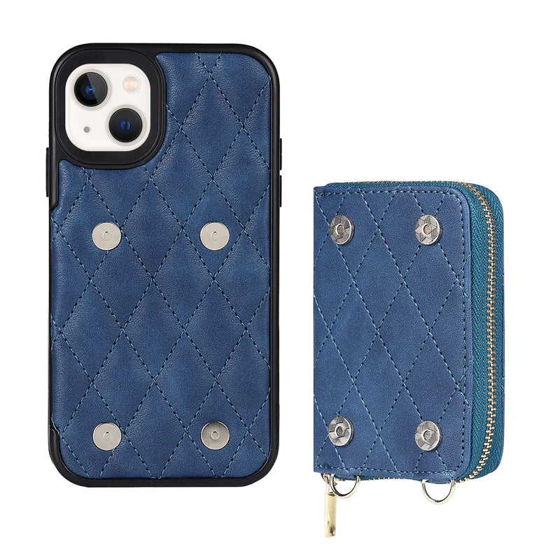 Jaorty Crossbody Detachable 2 in 1 Wallet Case for iPhone 13,Crossbody Case with Zipper Card Holder Bag Wrist Strap Lanyard Purse Compatible with Apple iPhone 13 6.1 inch,Blue Blue