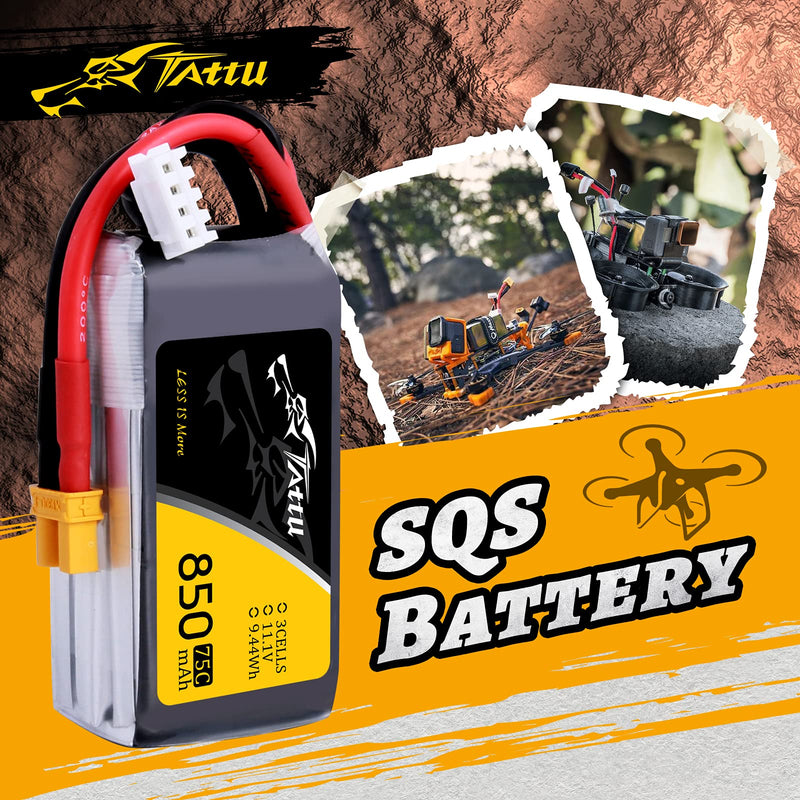 Tattu 11.1V 3S 850mAh 75C LiPo Battery Pack with XT30 Plug for 150mm to 180mm Size Micro FPV Racing Quadcopters