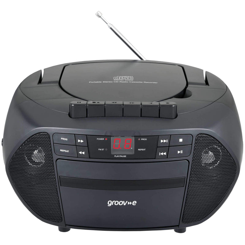 Groov-e GVPS833/BK Traditional Boombox Speaker, Portable CD & Cassette Player with FM Radio , Traditional Black CD Player