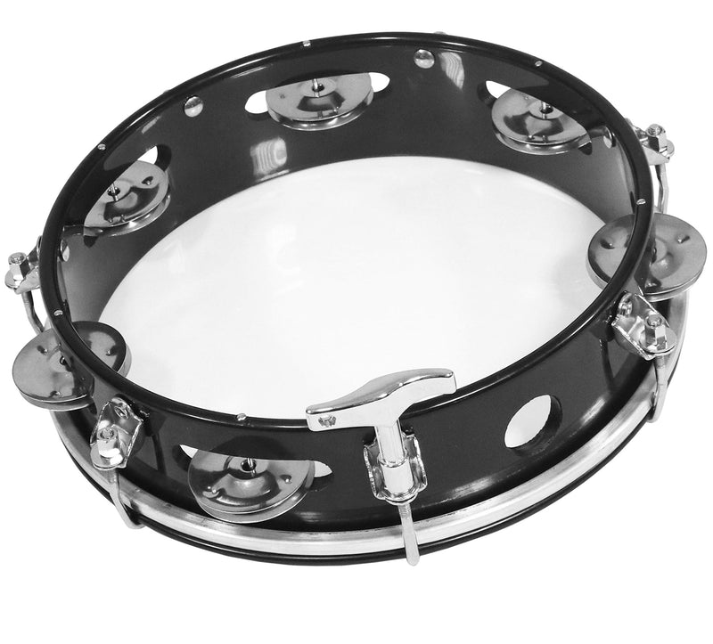 Tunable Tambourine with Key 8 inch Plastic Drum Head - 6 Pairs of Jingles 8 in Black