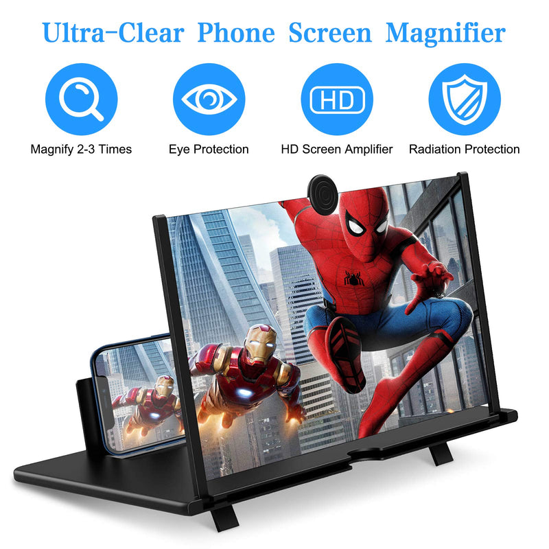 12‘’ Screen Magnifier for Cell Phone Ultra-Clear Mobile Phone Magnifier Projector Screen for Movies and Videos. Easy to Use and Compatible with All Smartphones (Black) Black